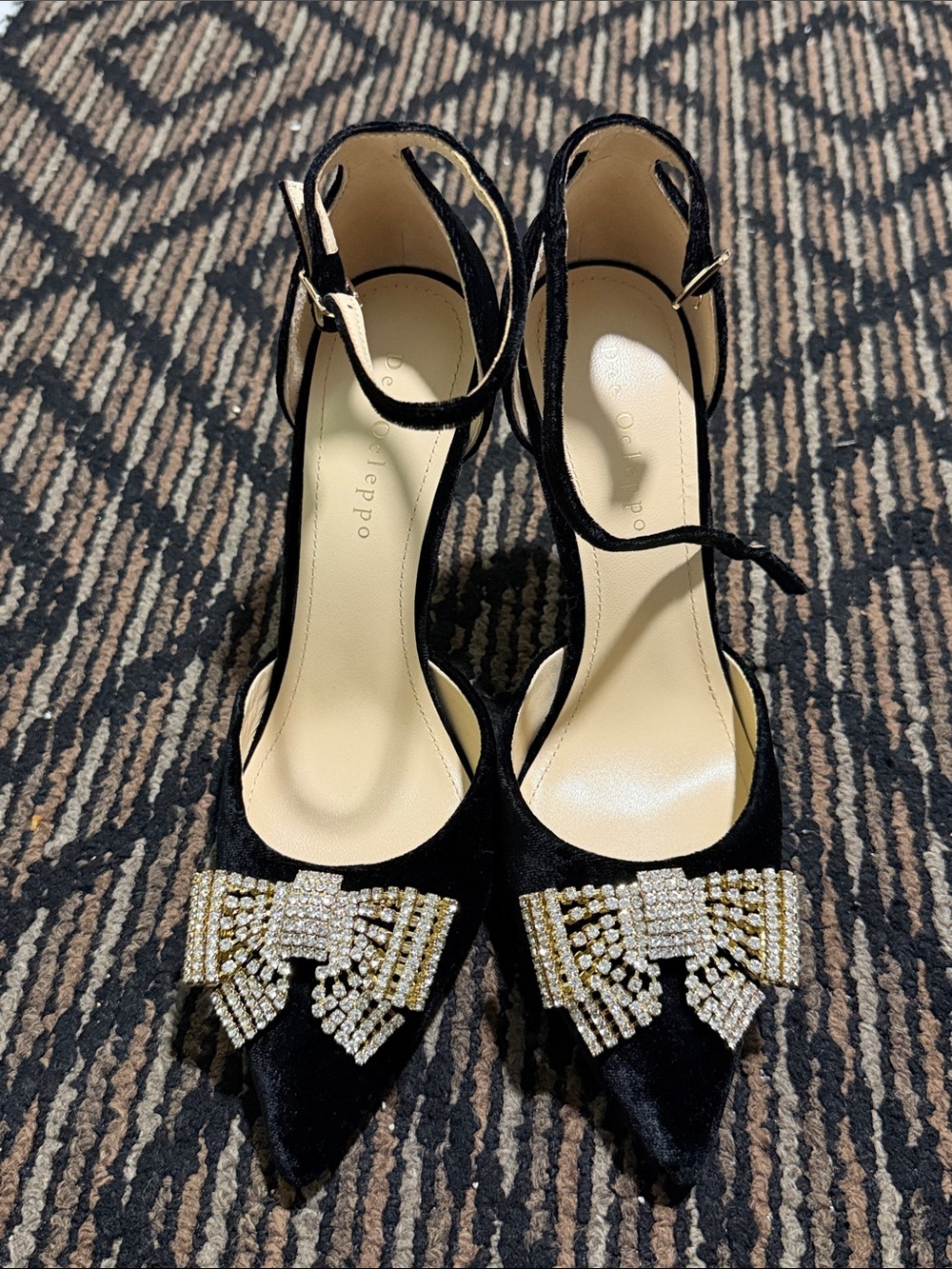 Black Velvet Pointed Toe Slingback Heels with Crystal Bow Accent